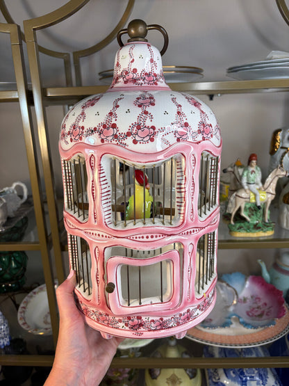 Stunning chinoiserie pink and white bird cage with bird! As is!