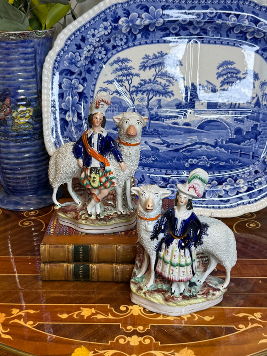Antique 19th Century Staffordshire Sheep Boy & Girl Figures, Pair, 8.5” Tall – DA4529 & DA4253