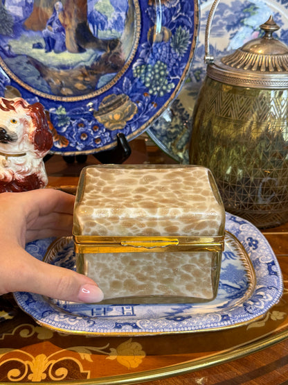 Vintage Murano Art Glass Casket Box | Aventurine & White Mottled Glass | Brass Mounted Trinket Box | 5” x 4” x 3”