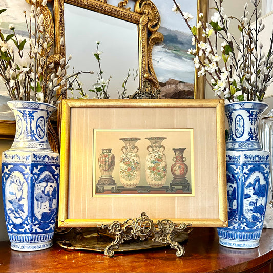 Stunning older lithograph print 4 famille & Imari ginger jar vases wall art