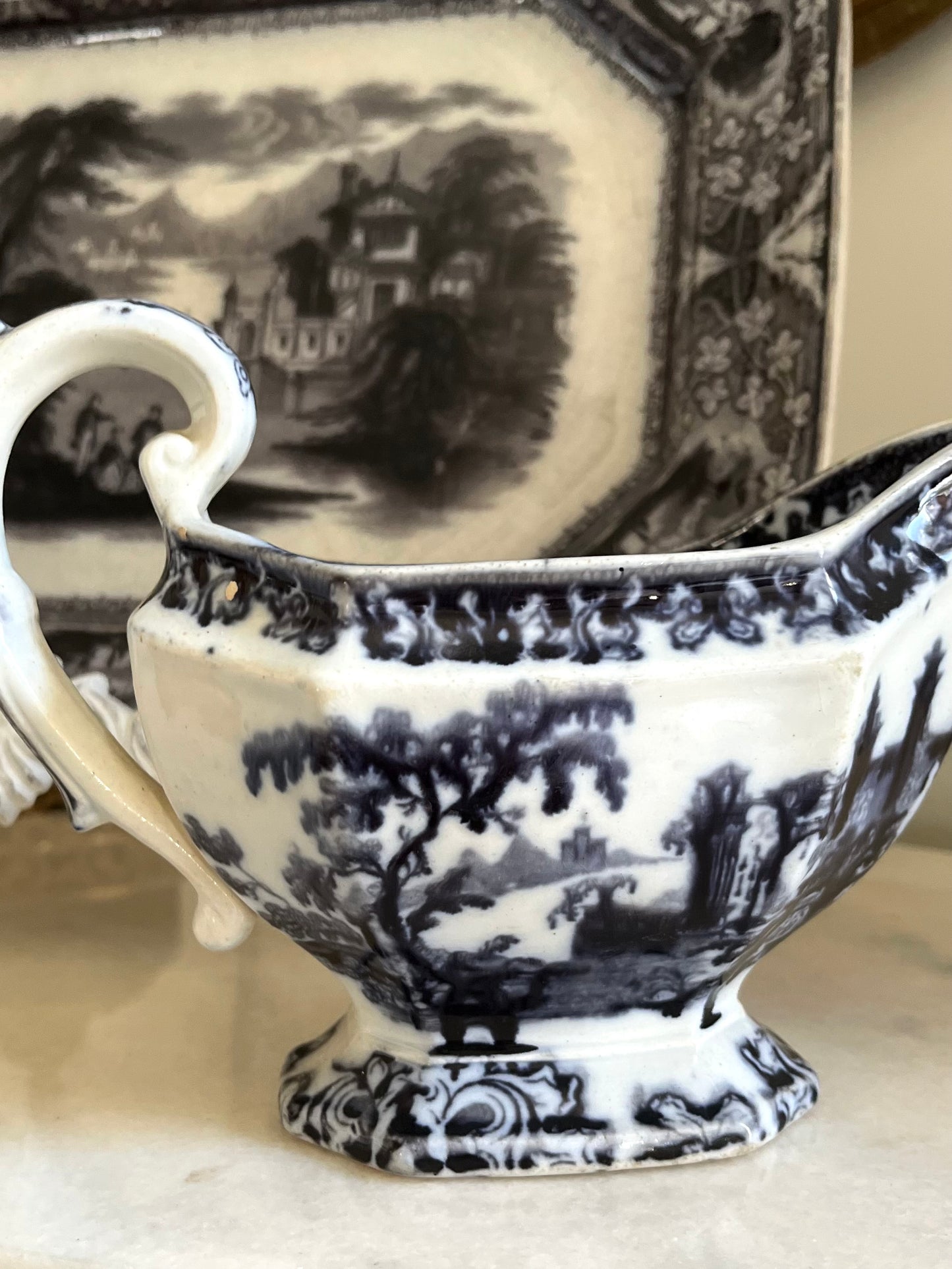Reserved Live 03/24 Romantic “Athens” Mulberry Transferware Gravy Boat by Charles Meigh – Early Victorian Stoke-on-Trent c.1840s Classical Ruins