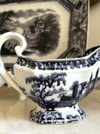 Reserved Live 03/24 Romantic “Athens” Mulberry Transferware Gravy Boat by Charles Meigh – Early Victorian Stoke-on-Trent c.1840s Classical Ruins