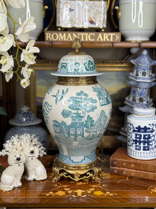 Danny's Fine Porcelain: Turquoise Willow Pattern Bronze Ormolu Temple Jar: 19”Tall,10Lx10W