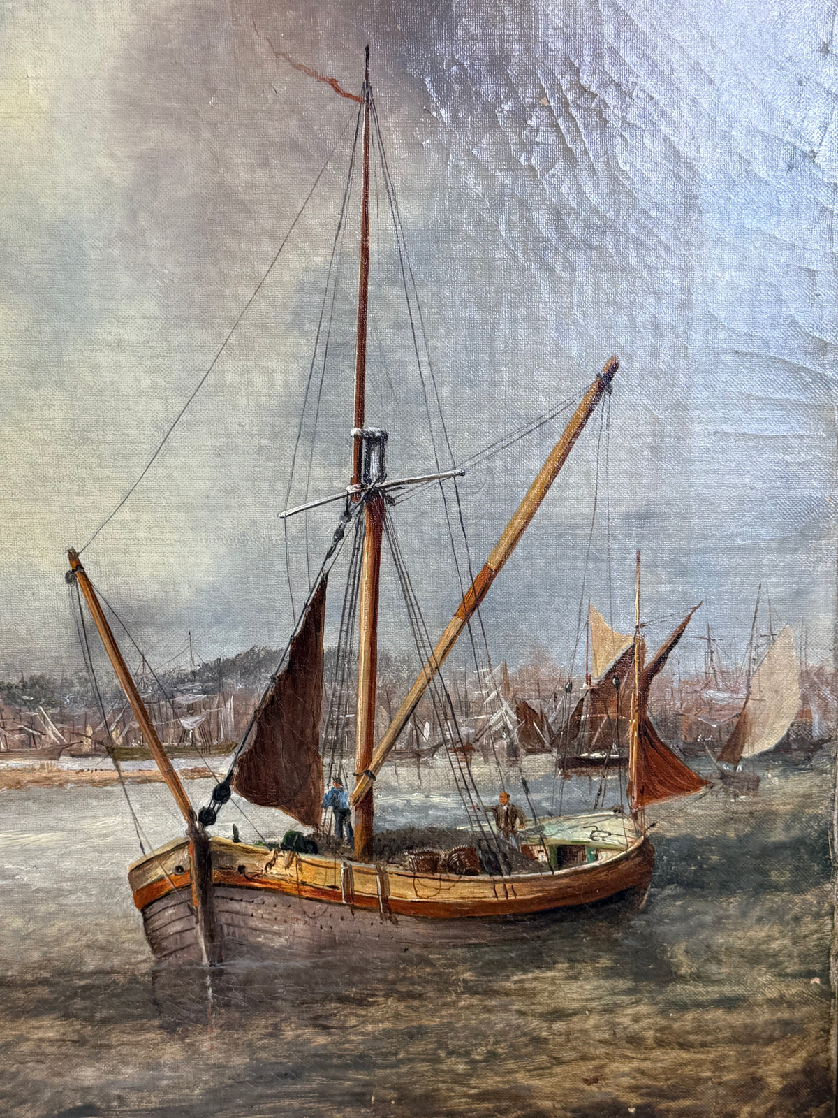 J. Edwards English Maritime Oil Painting “Ipswich Dock, Suffolk” | Signed/Inscribed 1879 | Original Gilt | Framed 27”H × 38”W