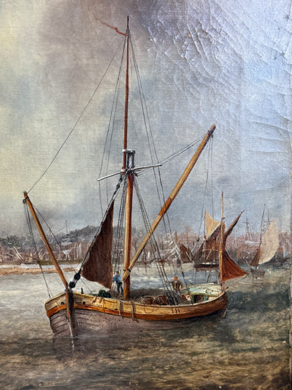 J. Edwards English Maritime Oil Painting “Ipswich Dock, Suffolk” | Signed/Inscribed 1879 | Original Gilt | Framed 27”H × 38”W