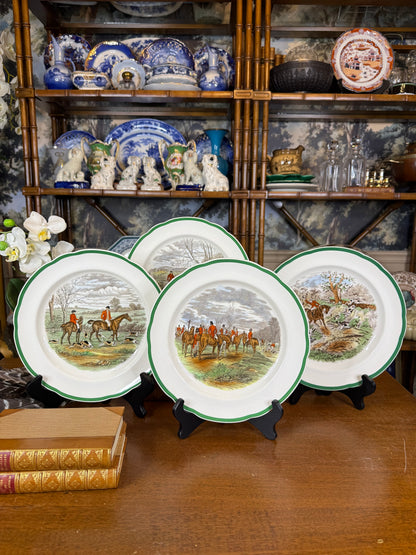 Vintage Spode “The Hunt” J.F. Herring Sr. Equestrian Hunting Plates, Set of 4, Green Trim, Scalloped Edge, England, 10” D | #DA4593