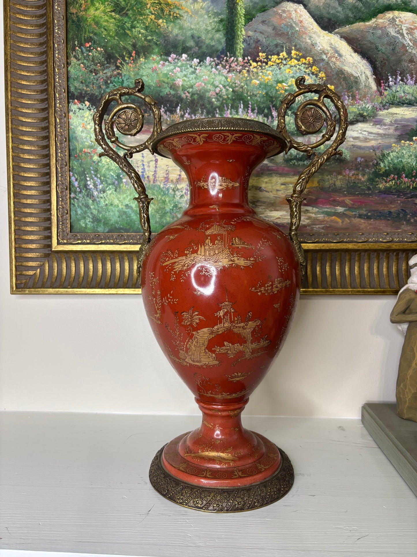 Gorgeous red and gold 18” vase with bronze ormolu handles and base!