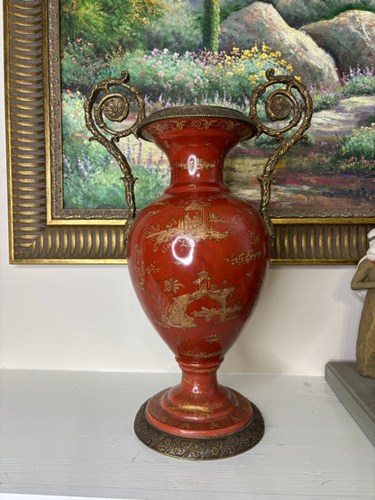 Gorgeous red and gold 18” vase with bronze ormolu handles and base!
