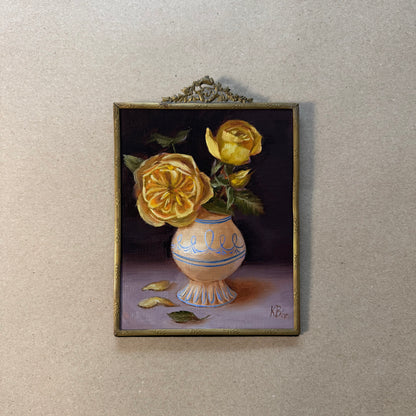Yellow roses in classic vase original oil painting