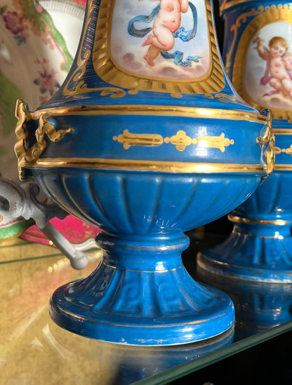 Pair Antique French Sèvres Porcelain Vases | Bleu Céleste | Hand-Painted Putti & Floral Panels | Marked c.1841
