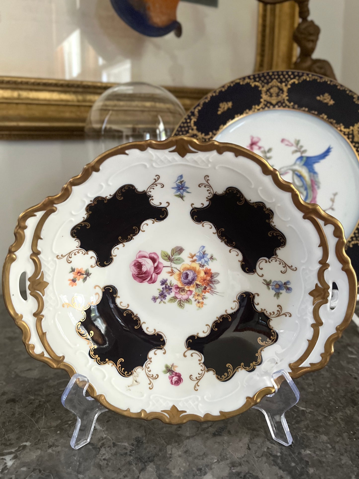 Elegant Rosenthal Echt-Kobalt Pierced Handle Dessert Dish | Cobalt & Gold Floral Porcelain | West Germany