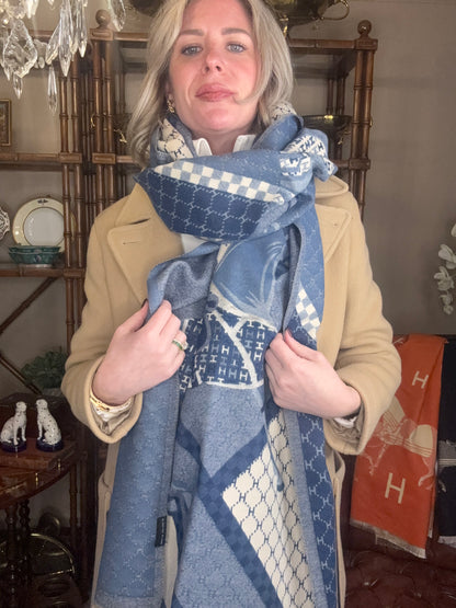 Luxe “H” Equestrian Blue & Cream Reversible Horse Scarf/ Wrap