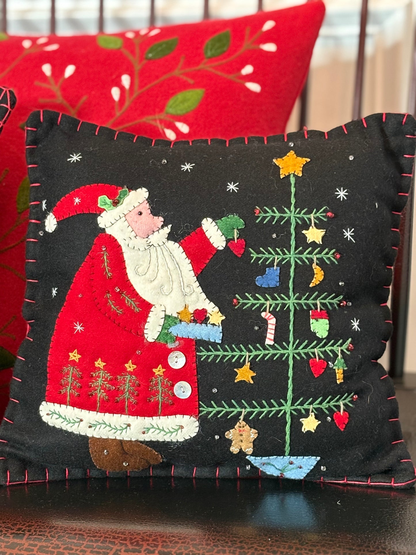 Embroidered Felted Santa decorating Tree Pillow