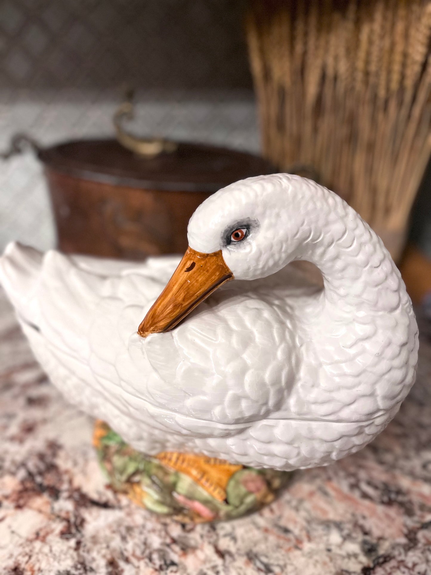 Elegant Mid Century Italian Hand Painted Goose Covered Dish – Base Greens, Rose & Gold