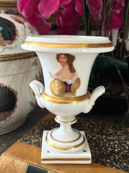 Live 06/22 Pair of Old Paris Hand-Painted Portrait Urns | 19th Century 2 Sided Decoration