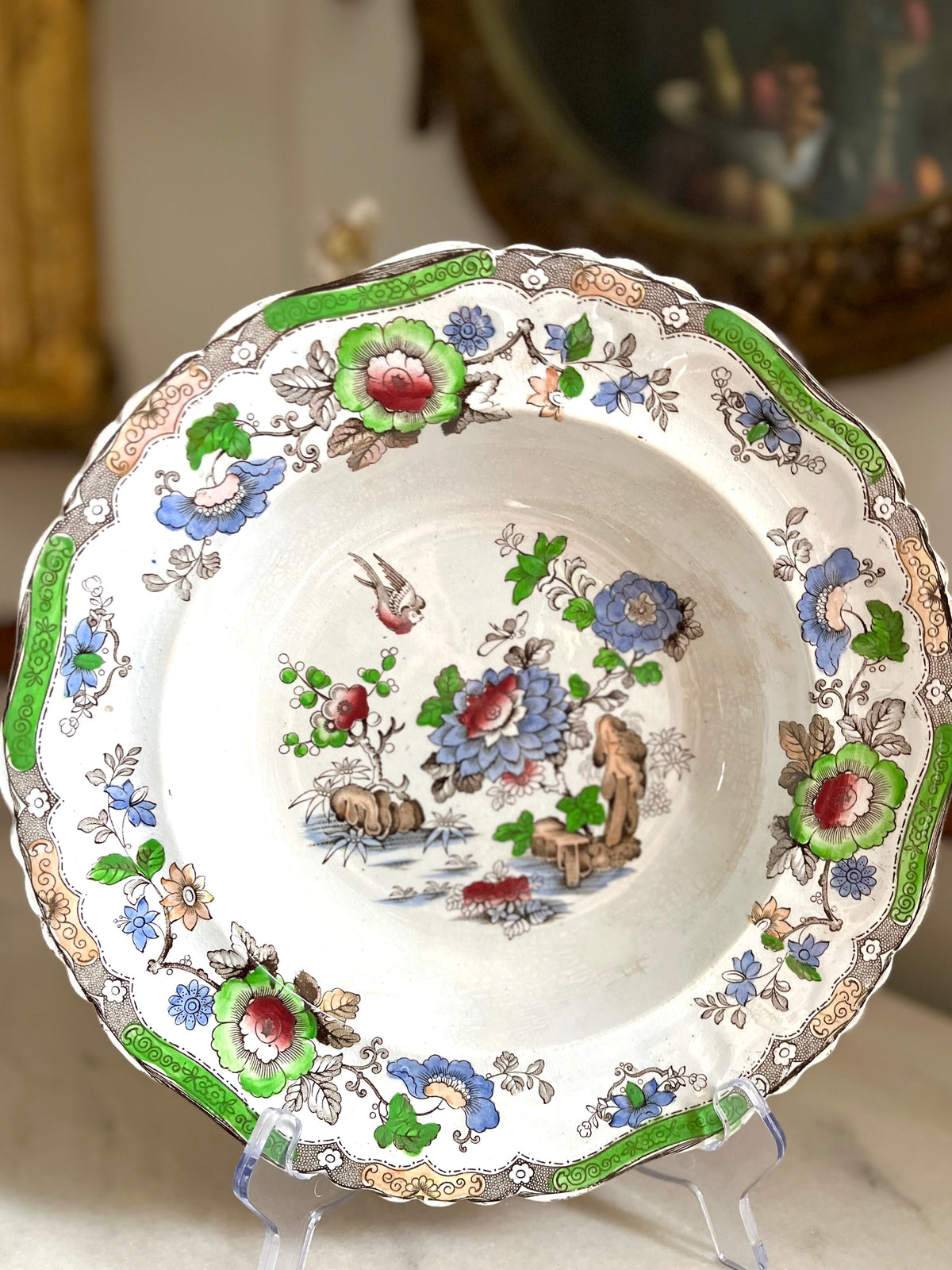 Live 09/29 Antique English Staffordshire Chinoiserie Plate, Underglaze Apple Green, Bird & Peony, Crown Mark Pattern 258, c. 1830–1850
