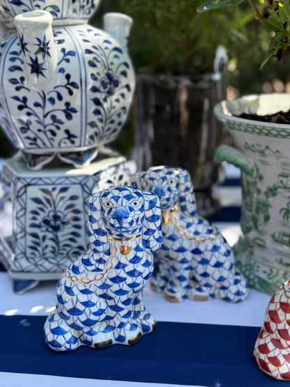 Danny’s Fine Porcelain Fishnet Blue & Rust Spaniel Dog Figure Pair W/ Gold Accent (2 colors to choose) 5.5”H X 9Lx2W