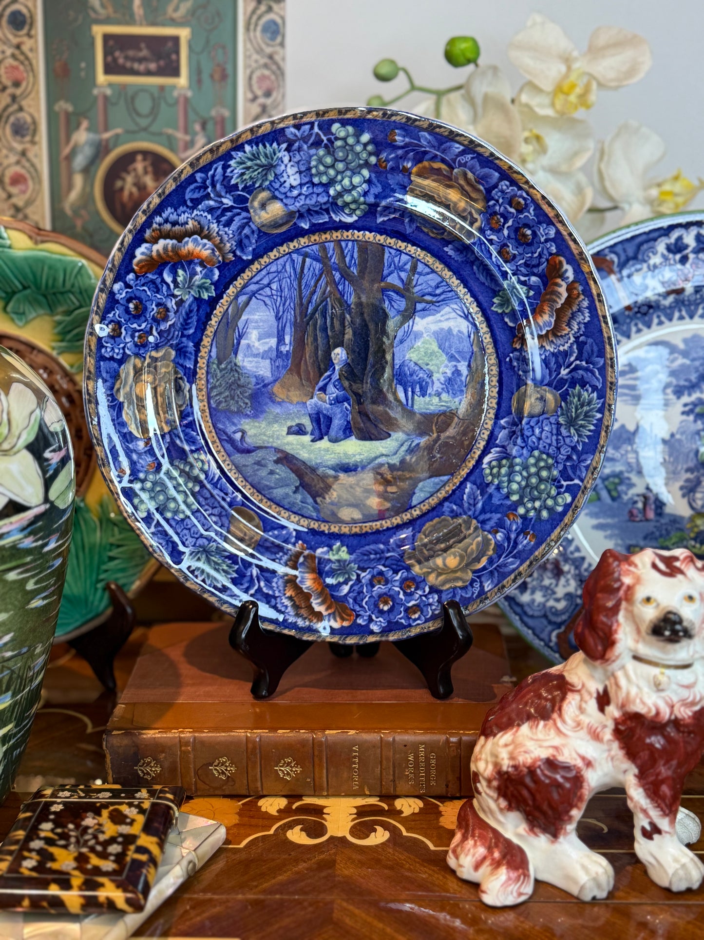Historical Pottery Staffordshire “Washington’s Prayer at Valley Forge” Blue Transferware & Copper Luster Plate 10.25”