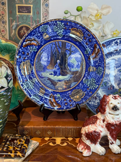 Historical Pottery Staffordshire “Washington’s Prayer at Valley Forge” Blue Transferware & Copper Luster Plate 10.25”