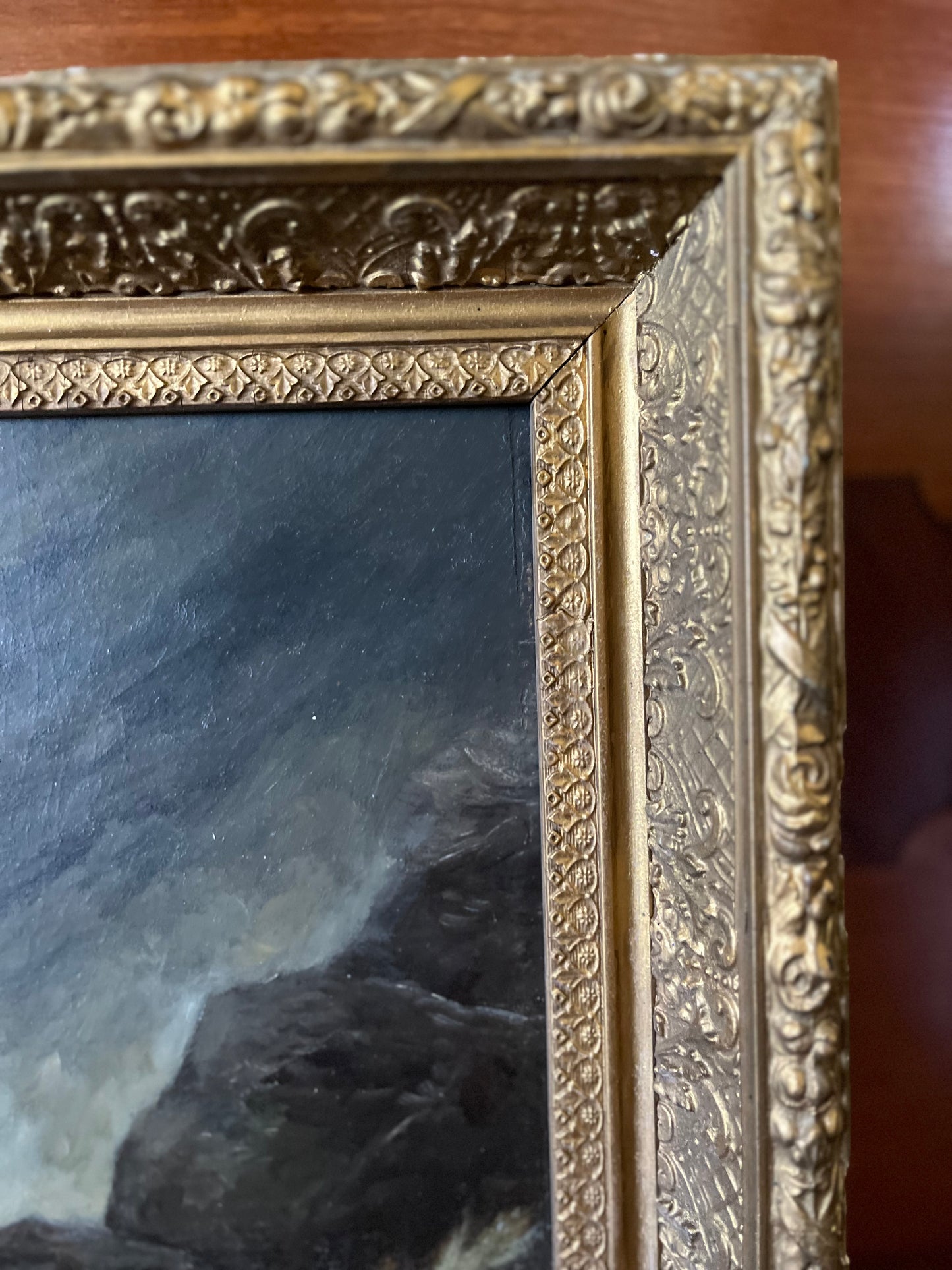 Sold Reserved Estate Antique Moody Coastal Seascape Original Fine Oil Paintings in Gilt Frames | Pair
