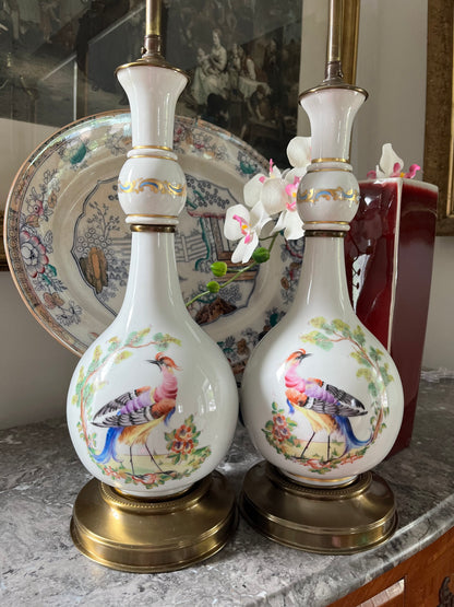 Stunning Pair of Adjustable Height Hand-Painted Porcelain Vase Lamps, Chelsea Bird Inspired - Early 20th Century