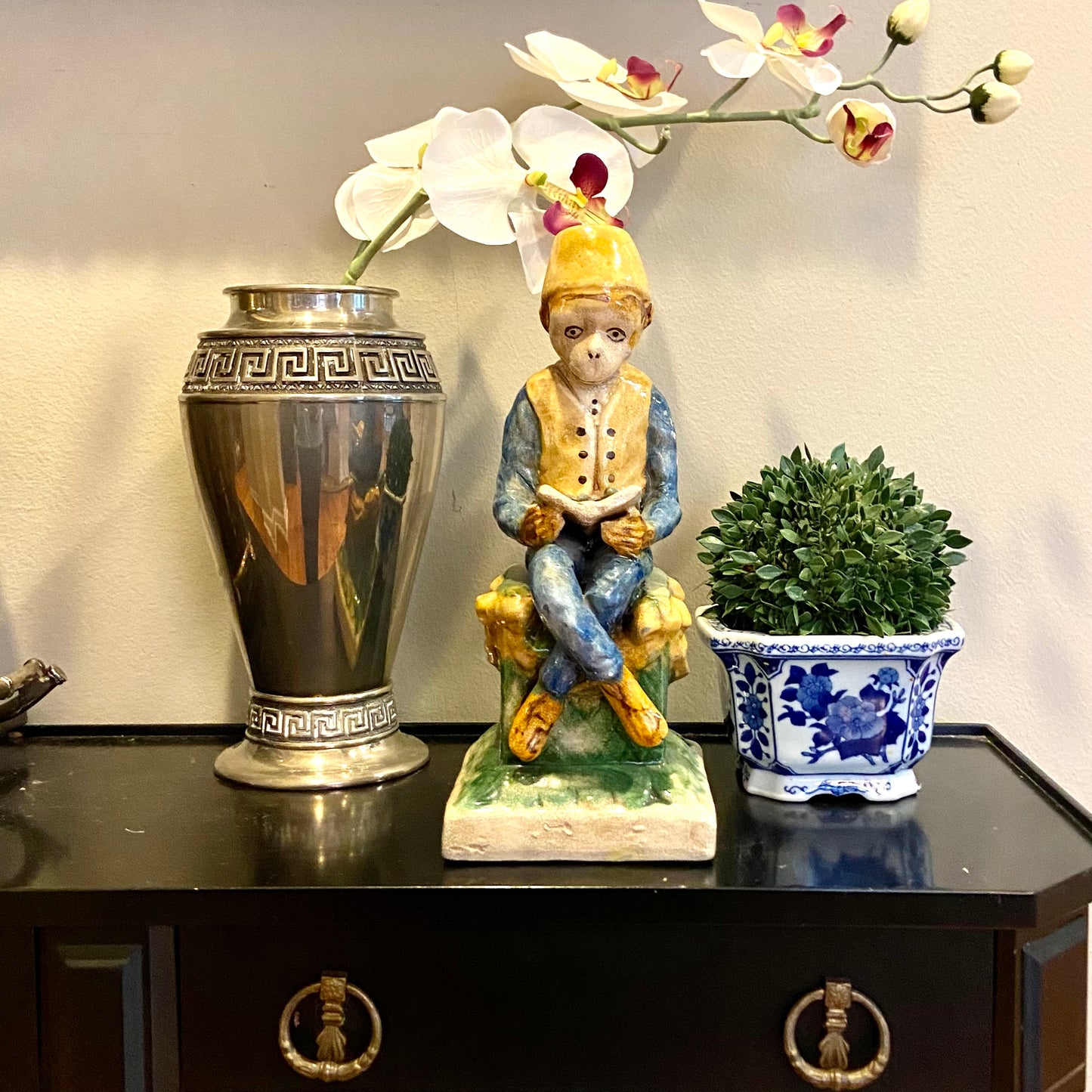 Statuesque Chinoiserie Monkey reading centerpiece.