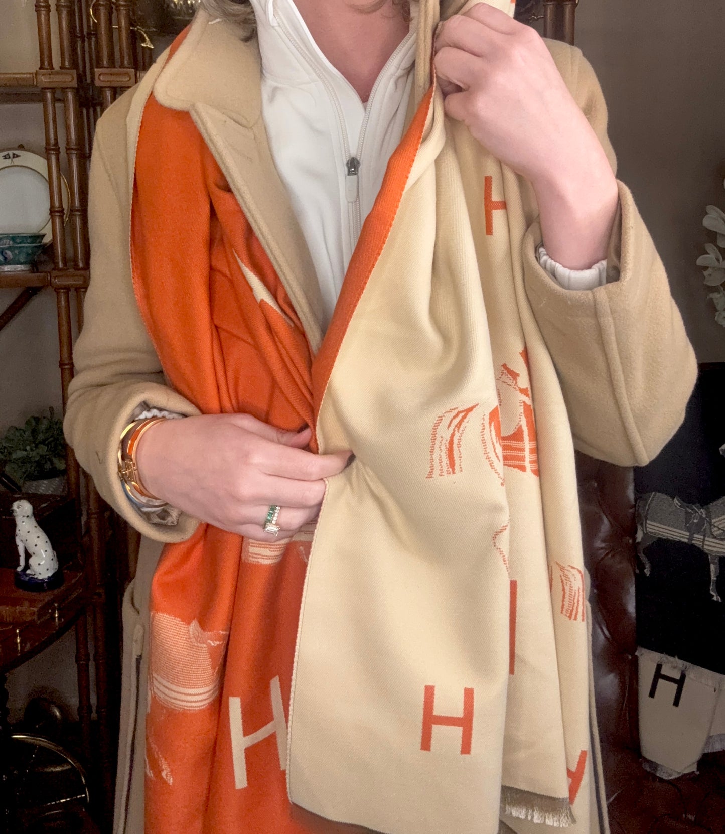 Luxe Large Equestrian Orange & Cream Reversible “H” Stable Scarf/ Wrap