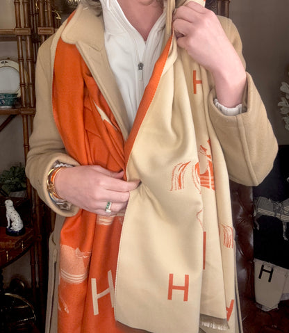 Luxe Large Equestrian Orange & Cream Reversible “H” Stable Scarf/ Wrap