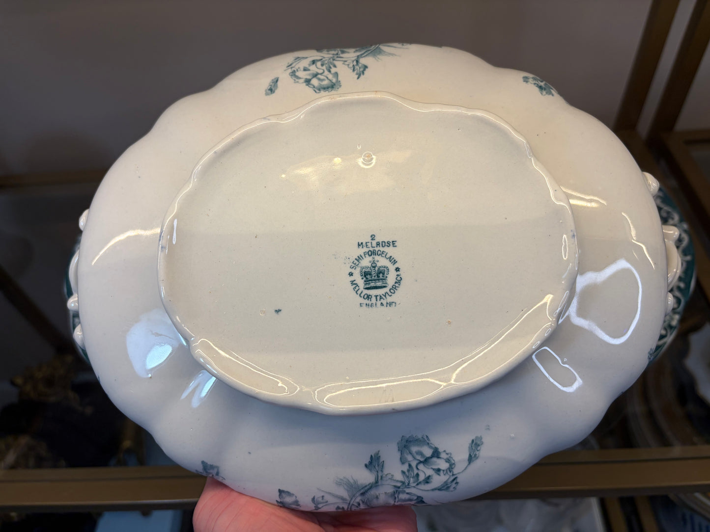 Lovely antique lidded tureen semi-porcelain dish featuring the Melrose pattern by Mellor, Taylor & Co.