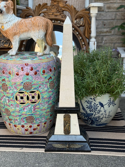 Maitland-Smith Marble & Brass Obelisk – Neoclassical Decorative Accent, Approx. 25” tall x 6.25”