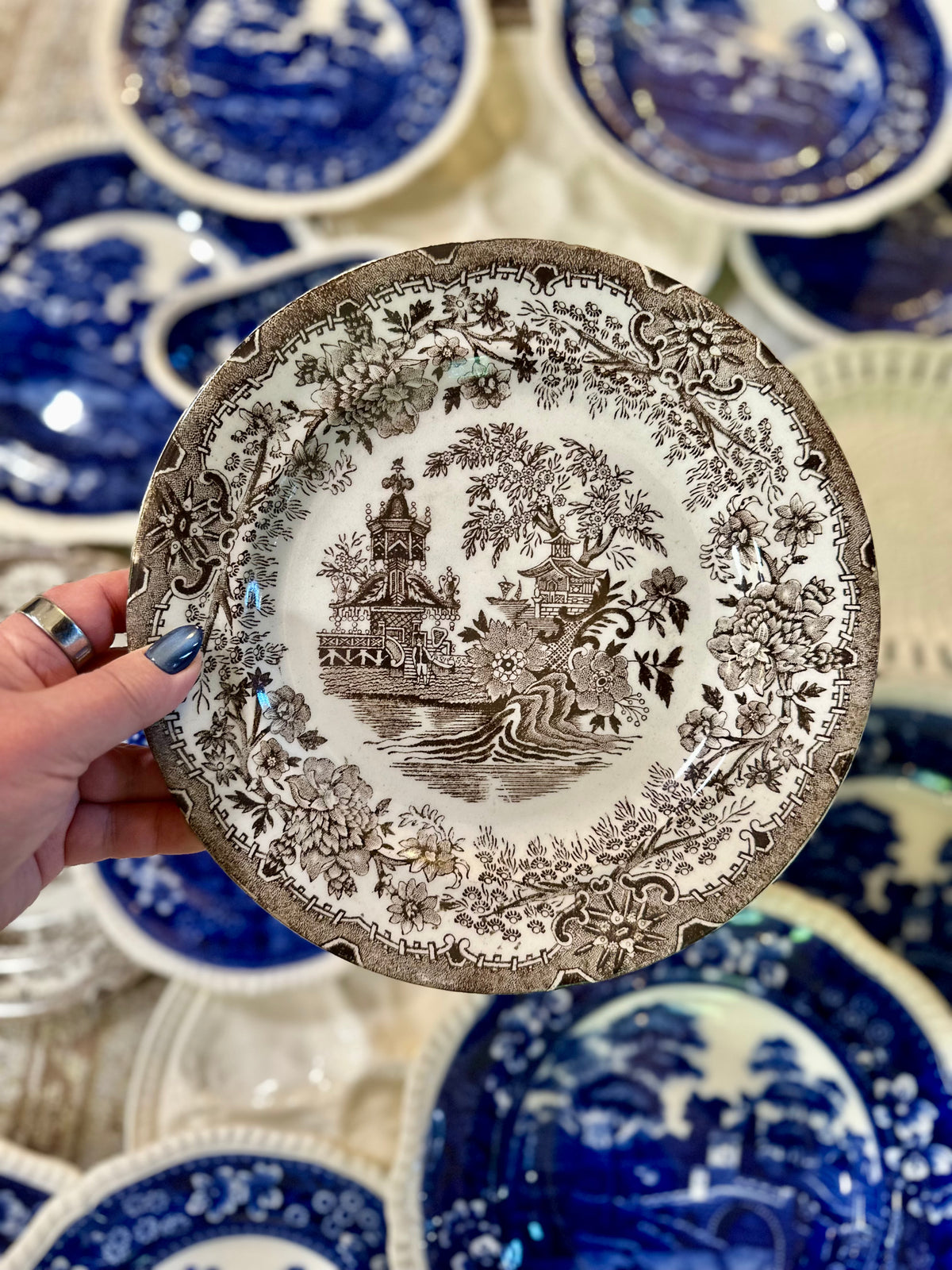 Antique Italian Colandine Brown Transferware Plates, Pair, c. 1890–1910