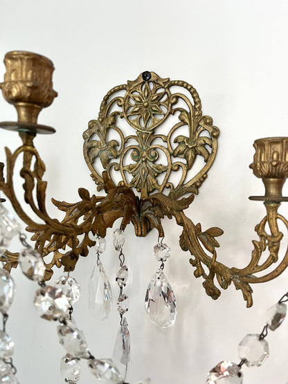 RESERVED -  laina.pkp - Live 09/08 Stunning Pair of Antique French Bronze Crystal Two-Arm Wall Sconces | Ornate Louis XV Style