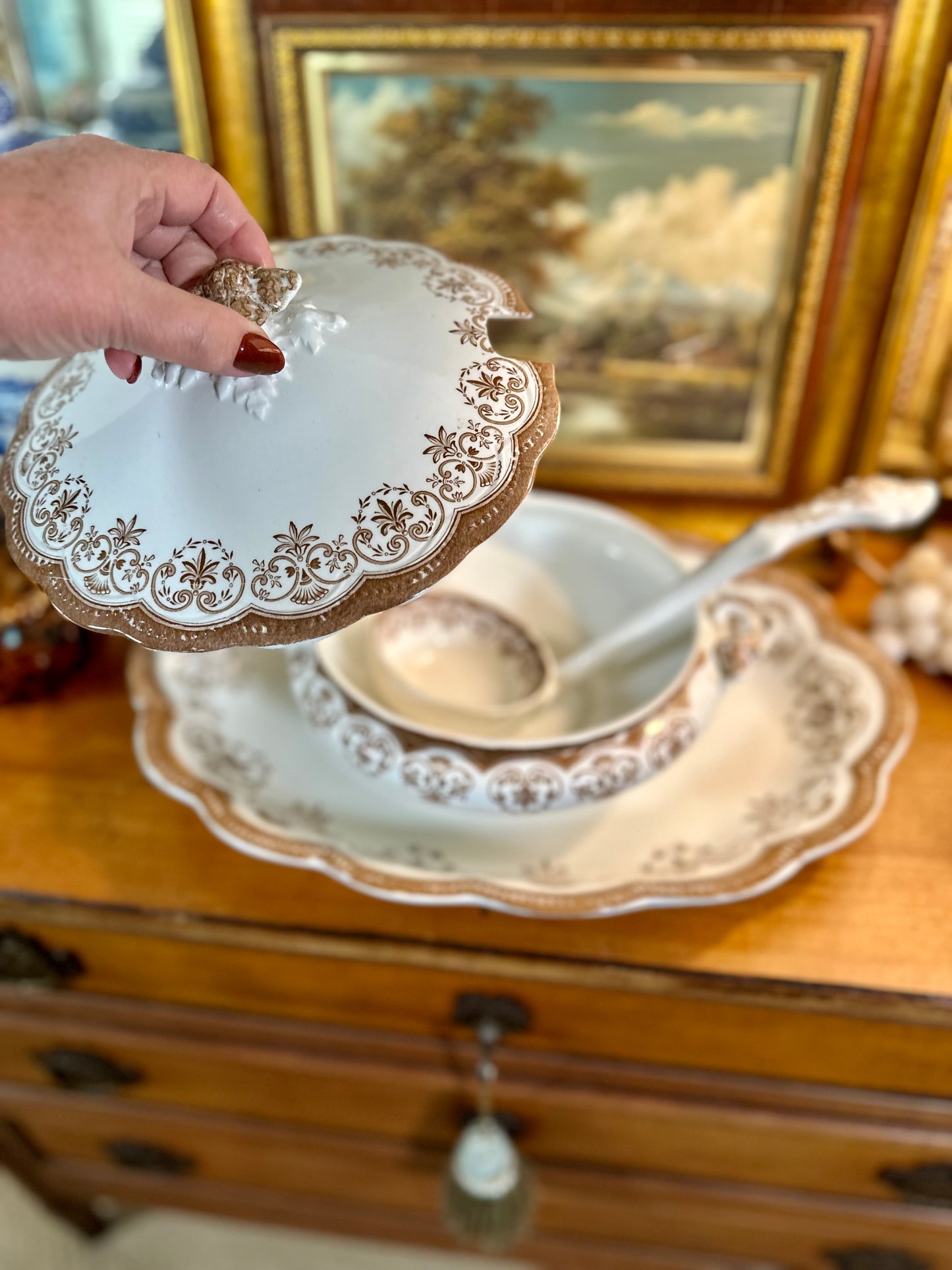 RARE Antique Regent Brown Transferware Lidded Tureen with Ladle & Underplate, 18"