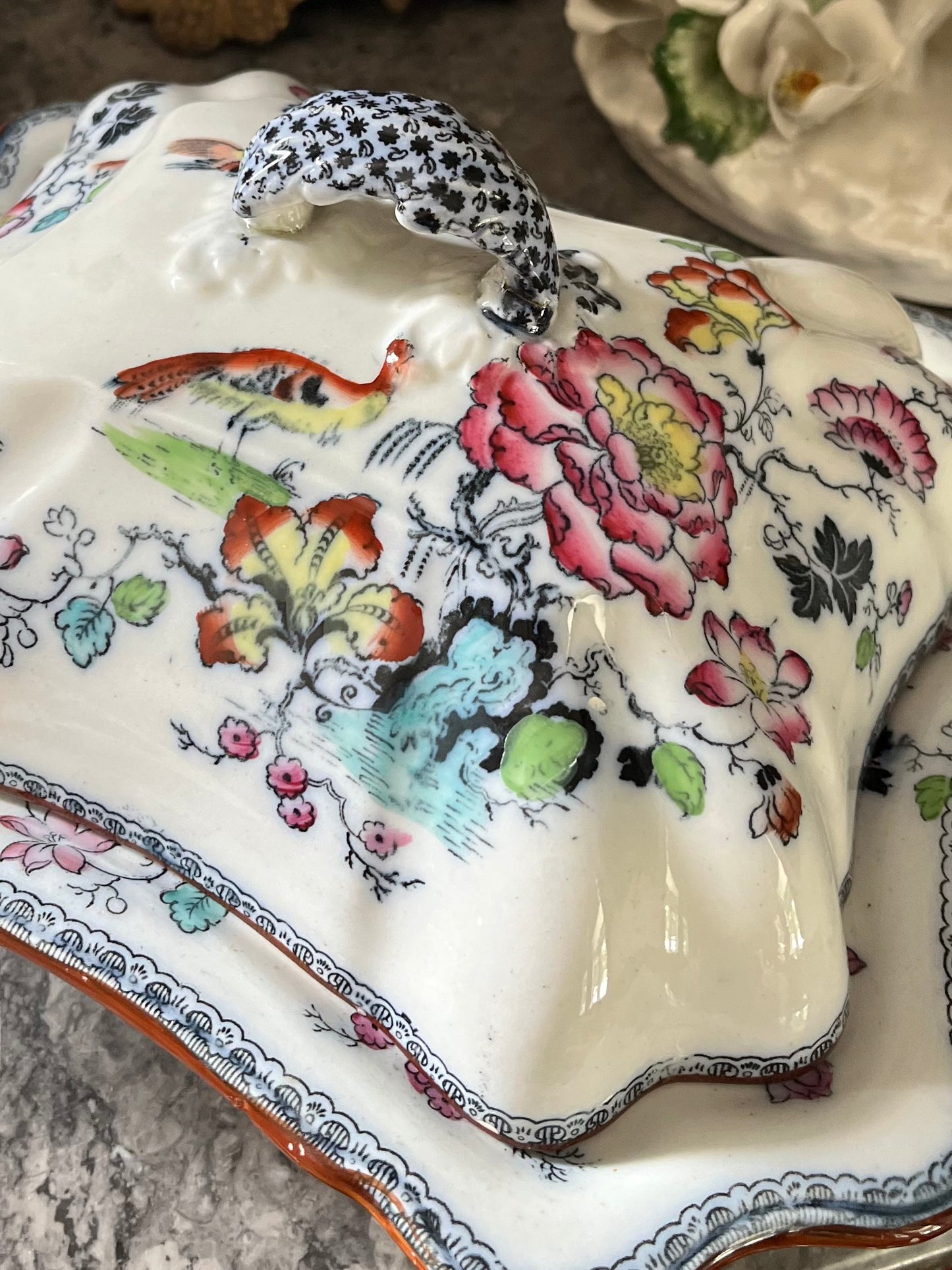 Live 07/28 Stunning Early Ashworth Bros Lidded Vegetable Dish - Footed With Florals/Birds/Contrasting Handles And Trim - Original Ribbon Mark 1860’s