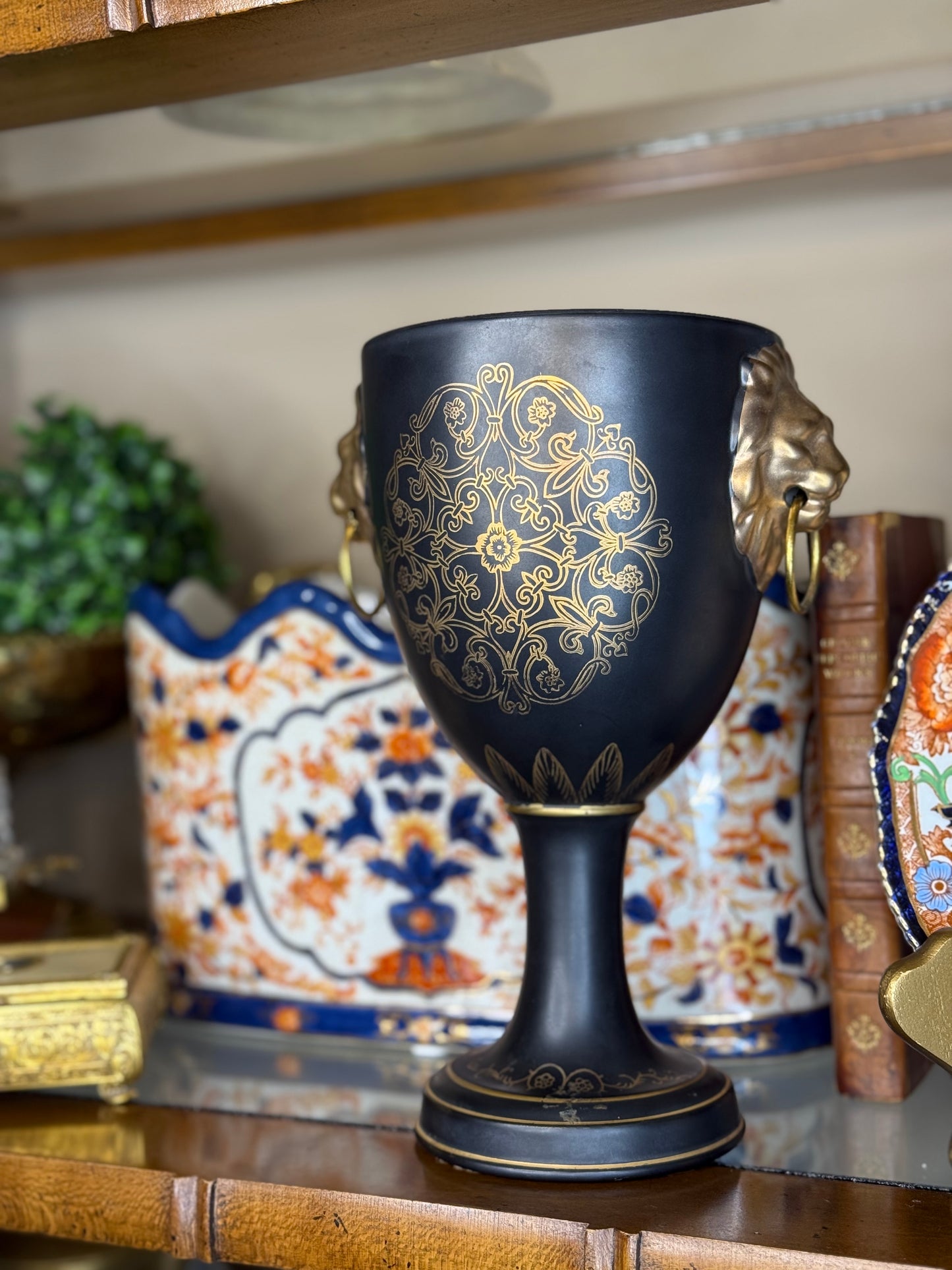 Vintage Black & Gold Trophy Vase with Lion Head Handles, 10” Tall