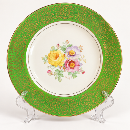 Homer Laughlin 11” Green & Gold Floral Plate – Warranted 22 Carat Gold