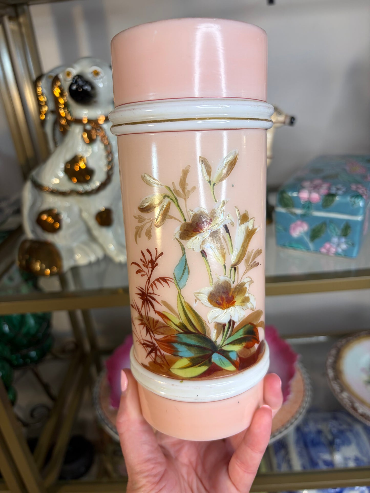 Antique Smith Brothers Mt. Washington Art Glass Ring Vase with handpainted florals!