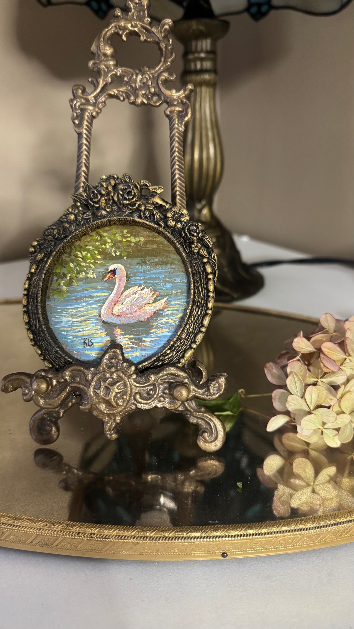 Day 13 Swan original oil painting in brass vintage frame
