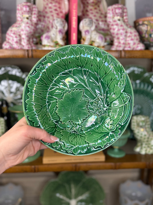 Vintage Green Majolica Leaf Plate, Leaf Relief, 8.5” Diameter