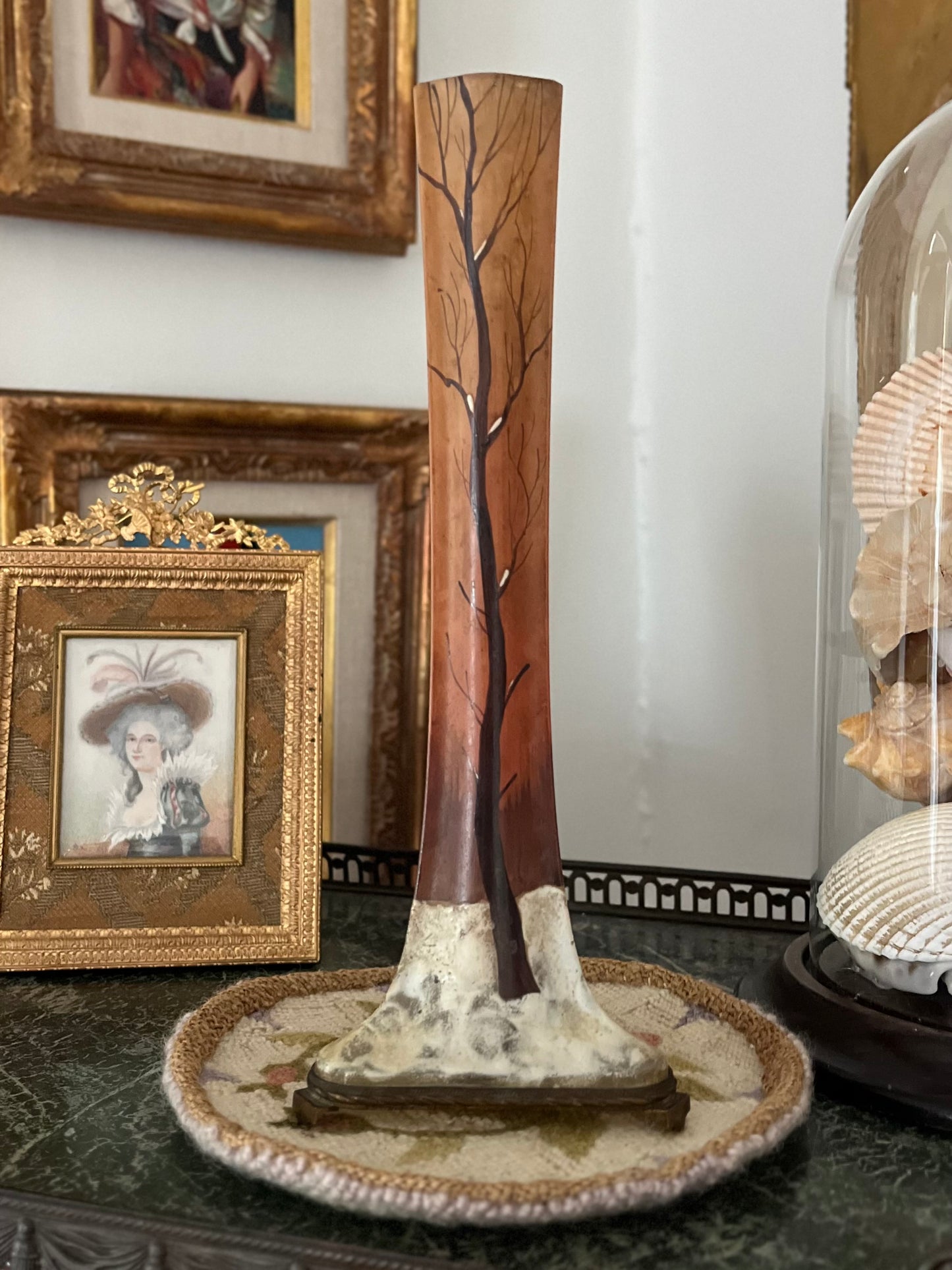 Live 06/29 French Enameled Art Glass Vase — Bare Winter Tree, Bronze Mount, Art Nouveau c. 1900