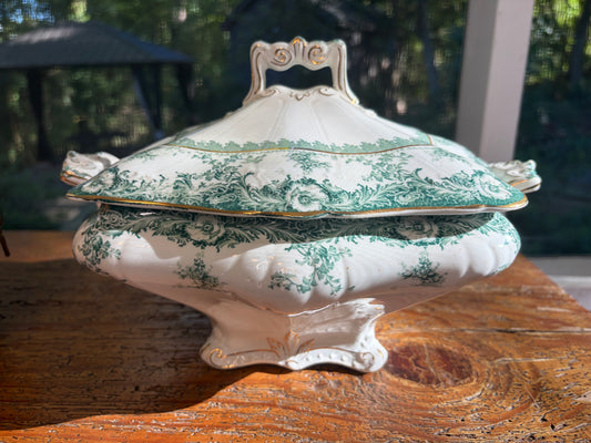 Stunning antique John Maddock and sons green transferware lidded tureen with gold detailing!