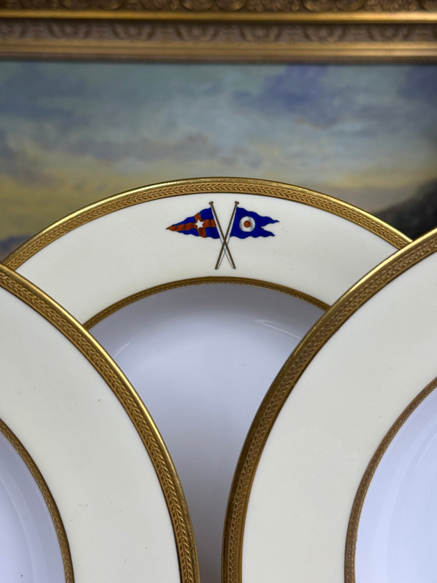 RARE Set (3) Wide-Rim Bowls, Antique Spode Copeland (custom order, 1927) Private yacht burgee service china - New York Yacht Club - PRISTINE!