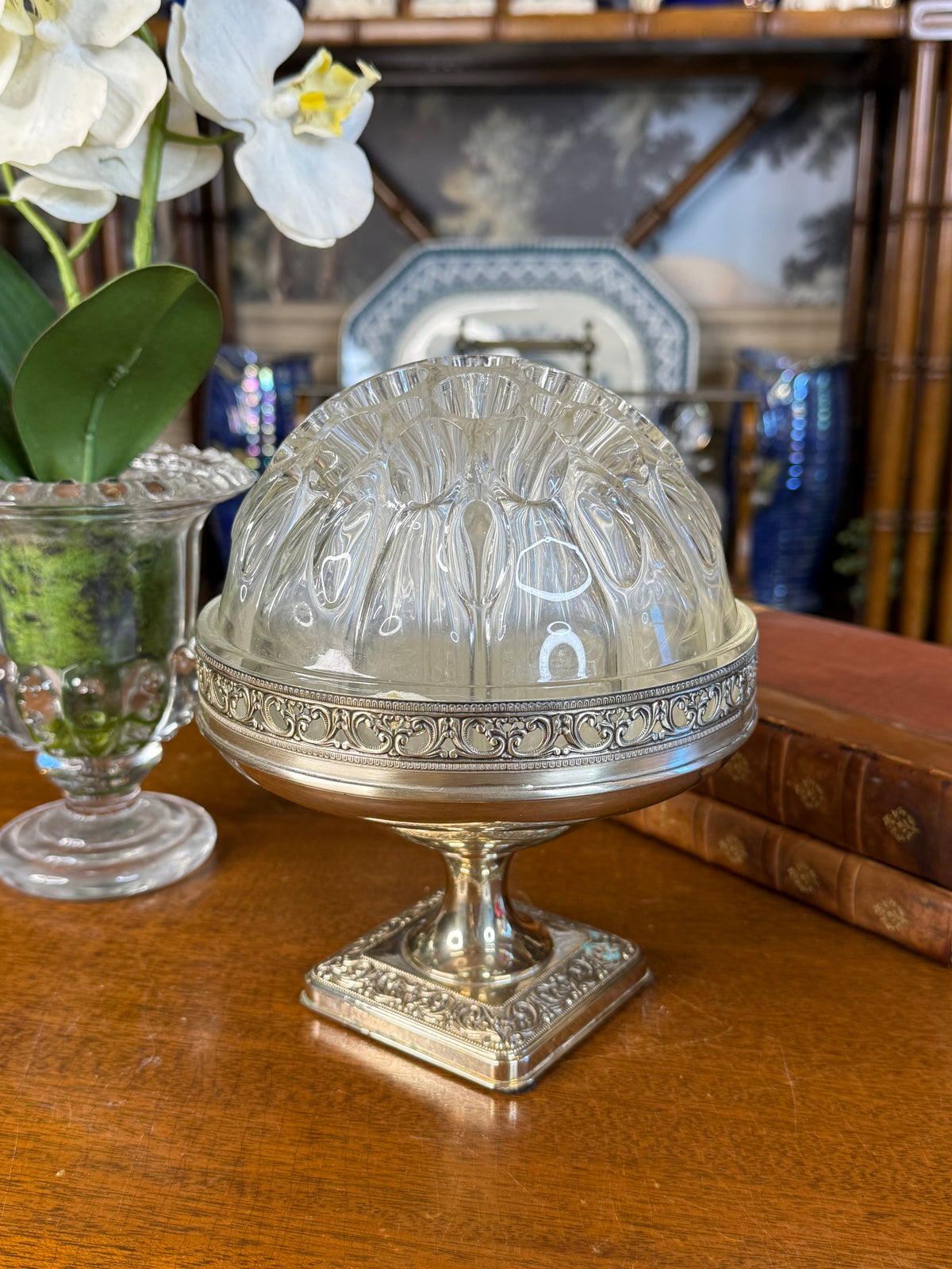 Vintage English Silver Plate & Glass Flower Frog Pedestal Centerpiece Stand, 8” H x 7” W