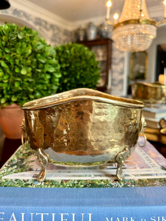 Beautiful Small Scale Vintage Brass Footed Planter with Lion Handles