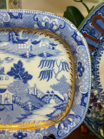 Rare Miles Mason Broseley Willow Pattern Porcelain Platter c.1805 Blue & White W/ Gilt Border 8” x 6.5”