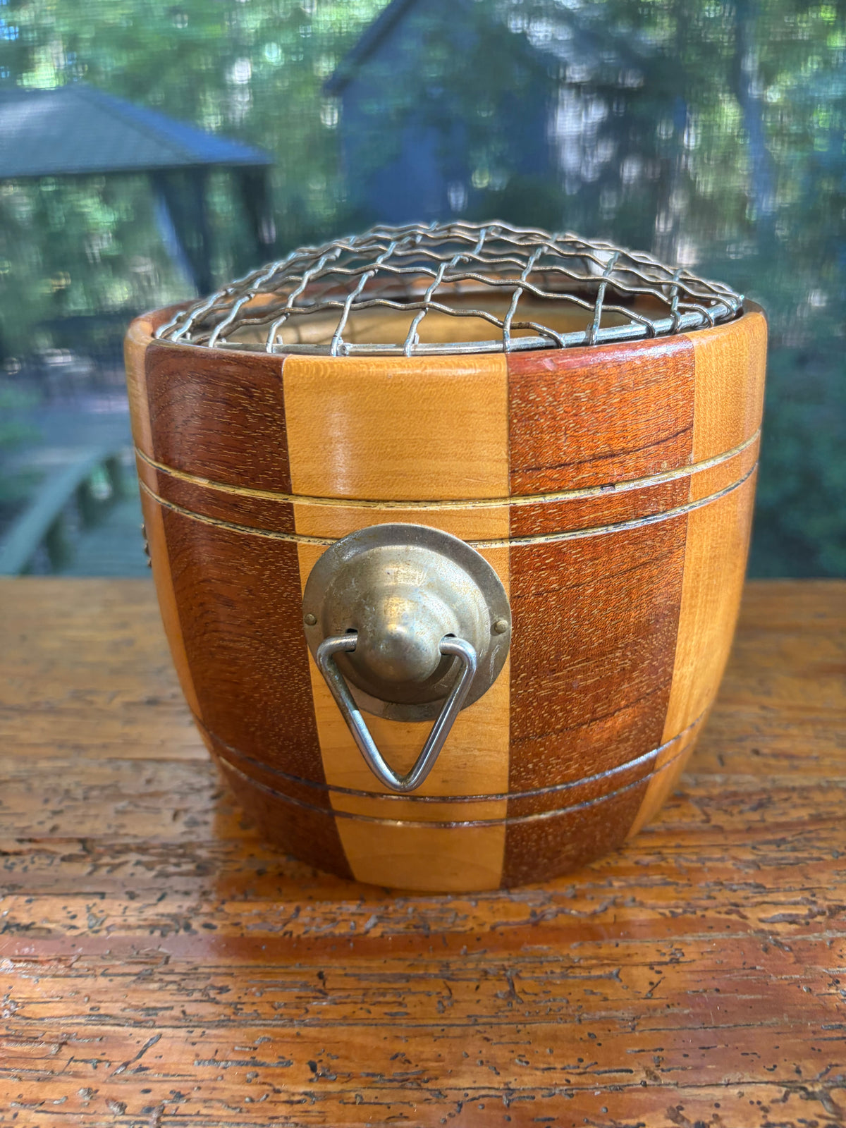Vintage wooden bucket with flower frog!