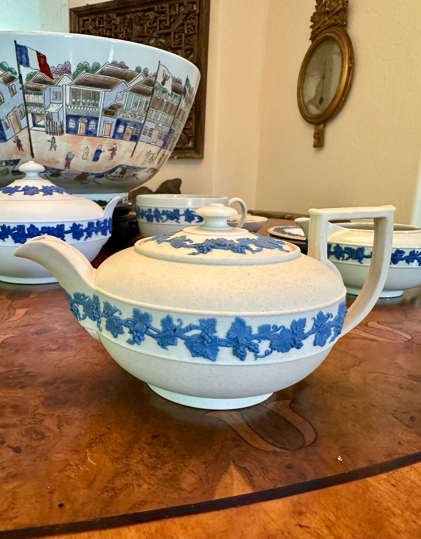 Antique Wedgwood Smear-Glazed Stoneware Egyptian Revival Teapot with Lavender Sprigged Grapes, c 1820-1840