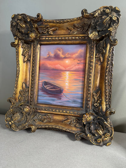 Original artwork seascape in vintage ornate frame