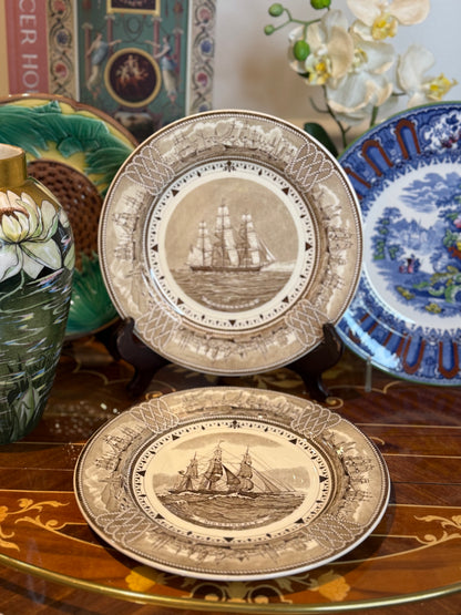 Vintage Set of (5) Wedgwood “The American Clipper Ship Plates” 9” Brown Transferware Nautical Plates – England