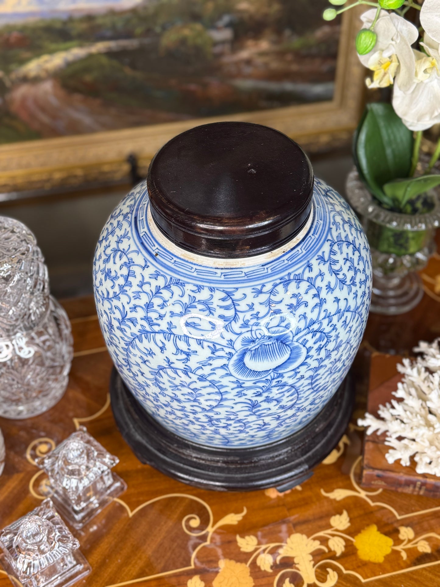 Blue & White Ginger Jar with Carved Floral Motif on Wood Stand – 12” Tall